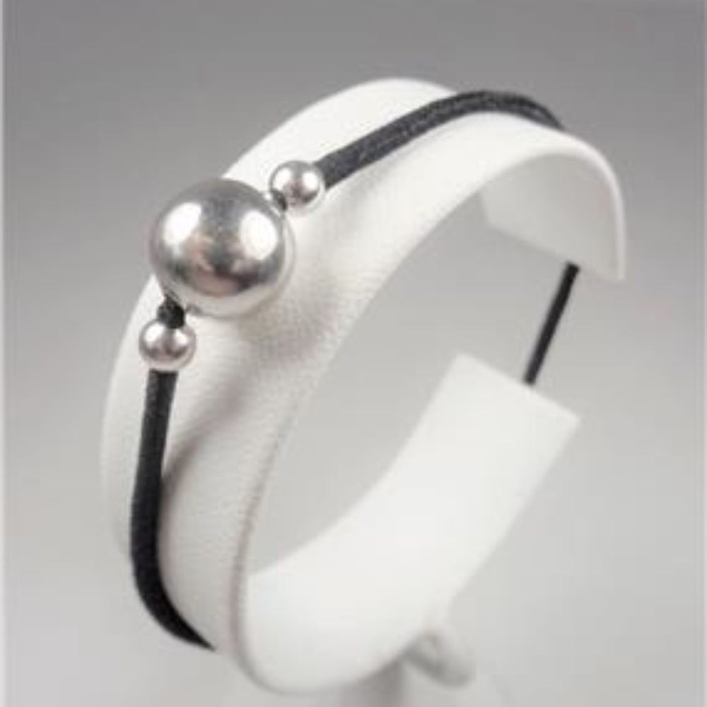STERLING SILVER BALLS SURFER STYLE BLACK BRACELET